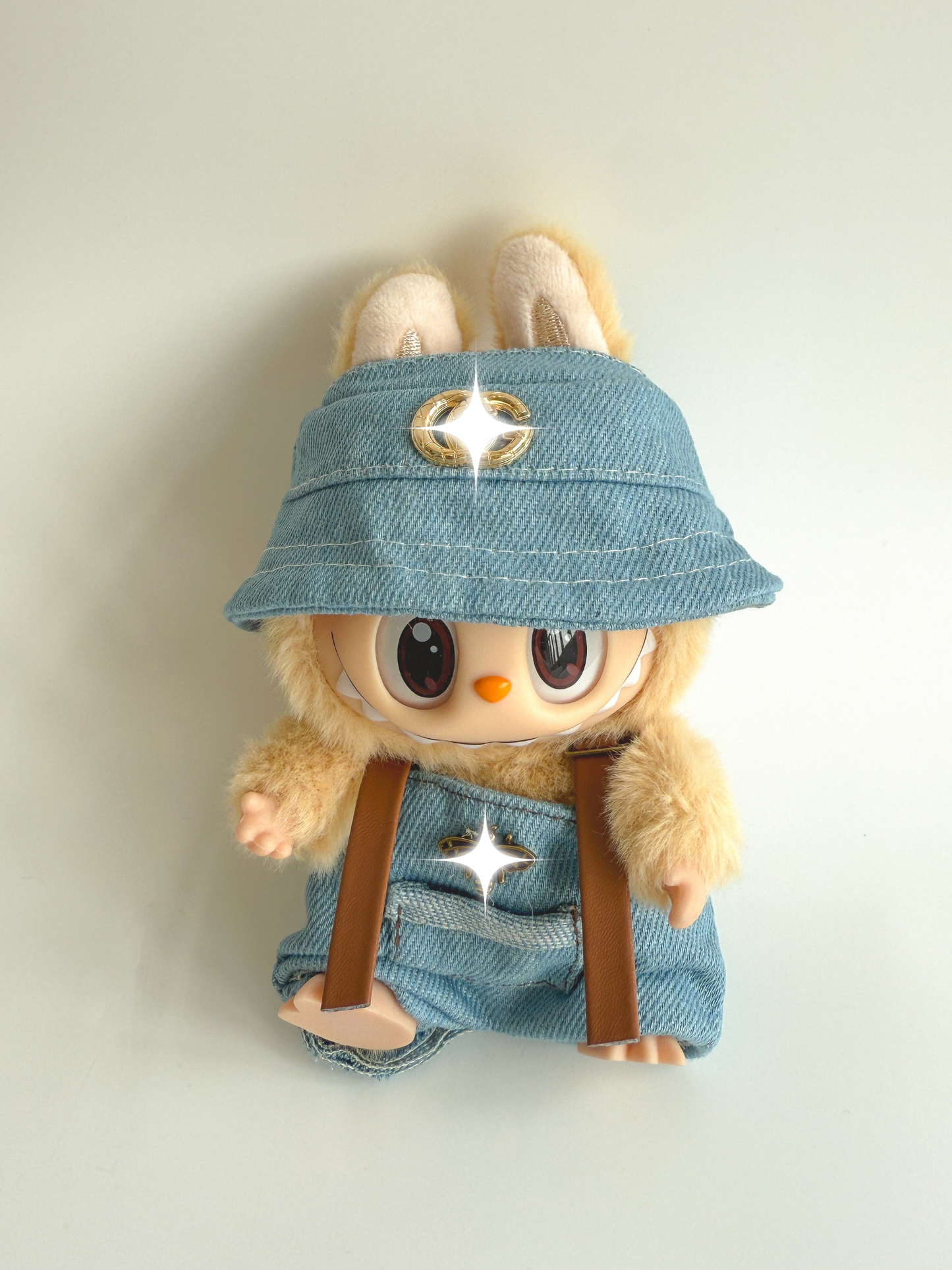 Labubu Gold Star Denim Outfit – Visor & Overalls Set