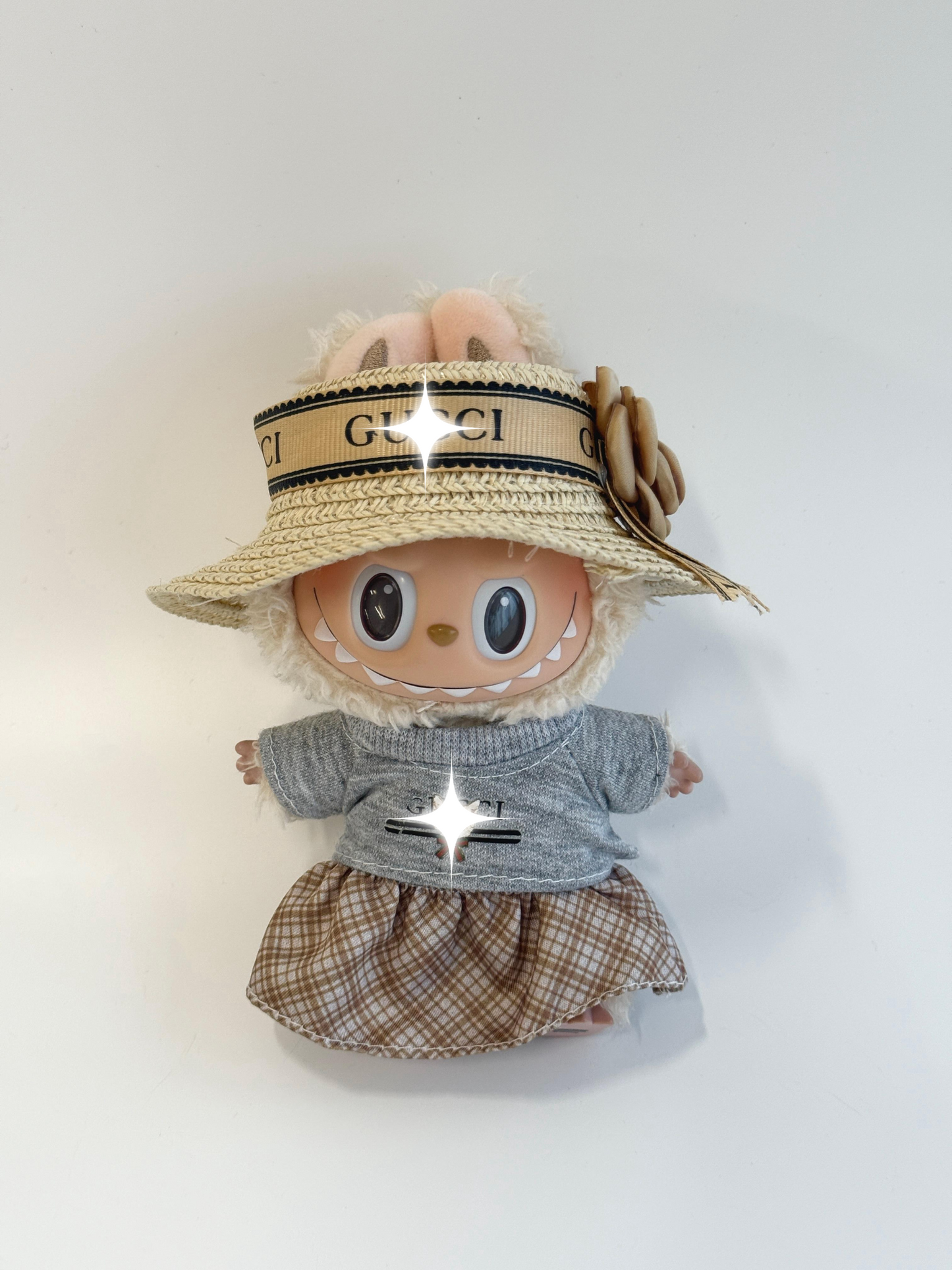 Labubu Resort Chic Outfit Set with Straw Hat & Plaid Skirt
