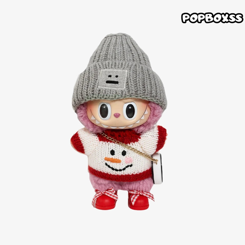 Labubu clothes Christmas Outfit - Grey Hat + Snowman White Top + Red Shoes + Bag