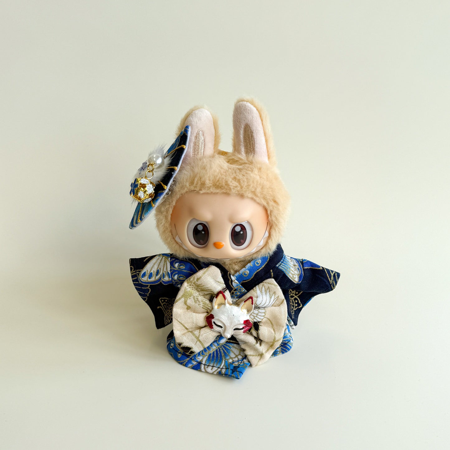 Labubu Kimono Set – Blue Crane Pattern with Fox Mask Bow