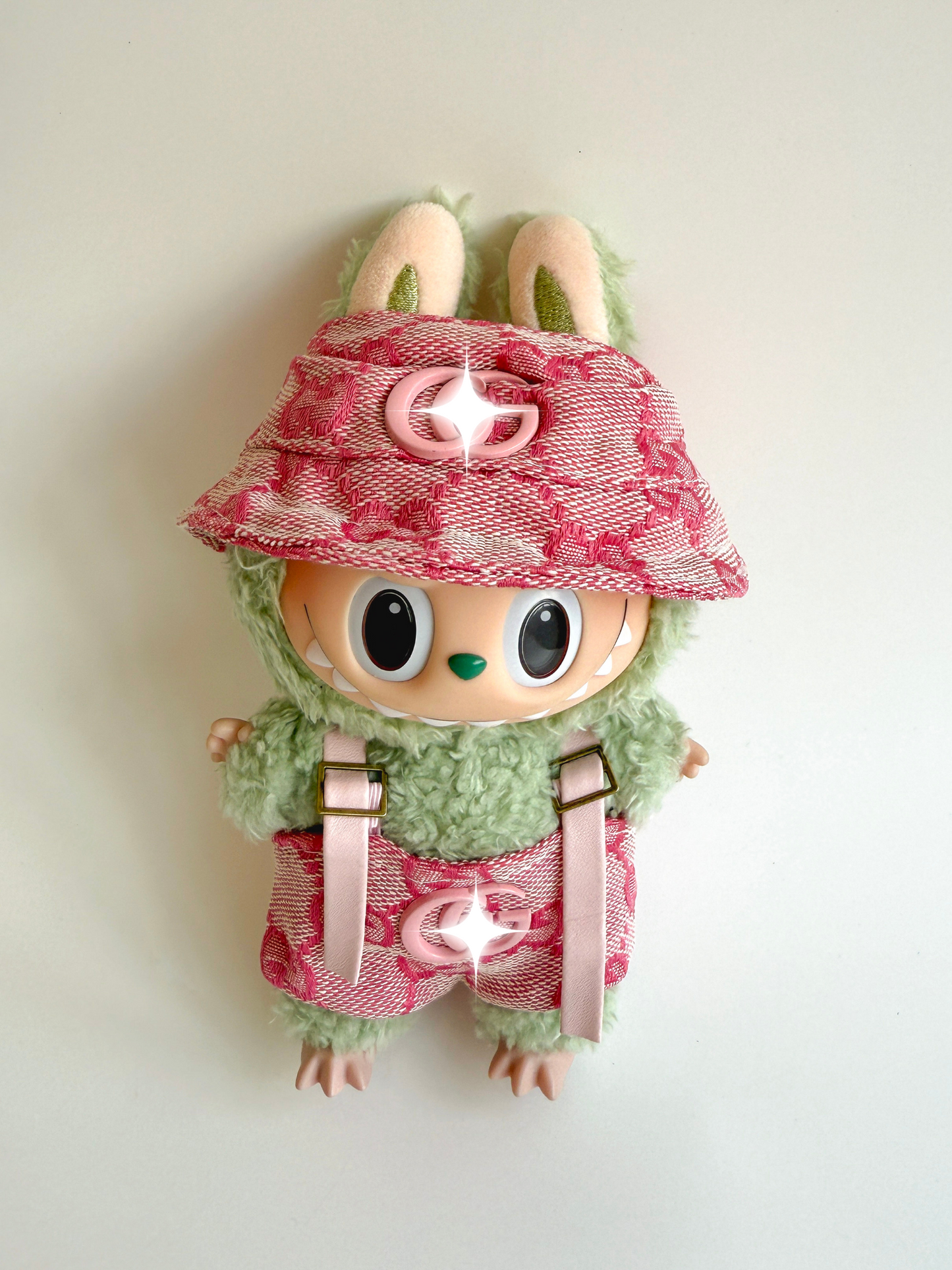 Labubu Pink Monogram Outfit Set – Bucket Hat & Overalls