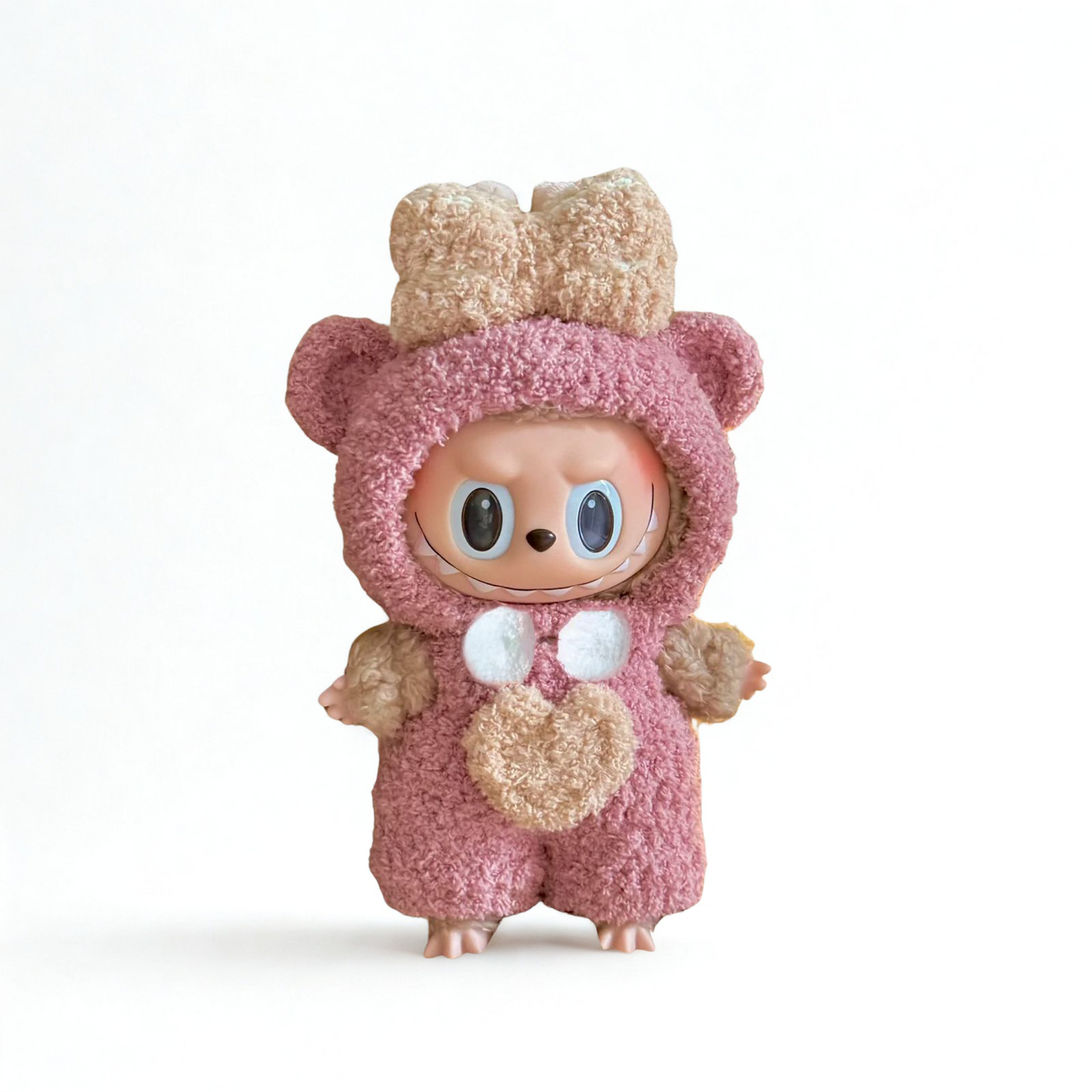 Labubu Pink Bear Plush Outfit – With Heart Patch. Head Bow & Chest Fur Detail