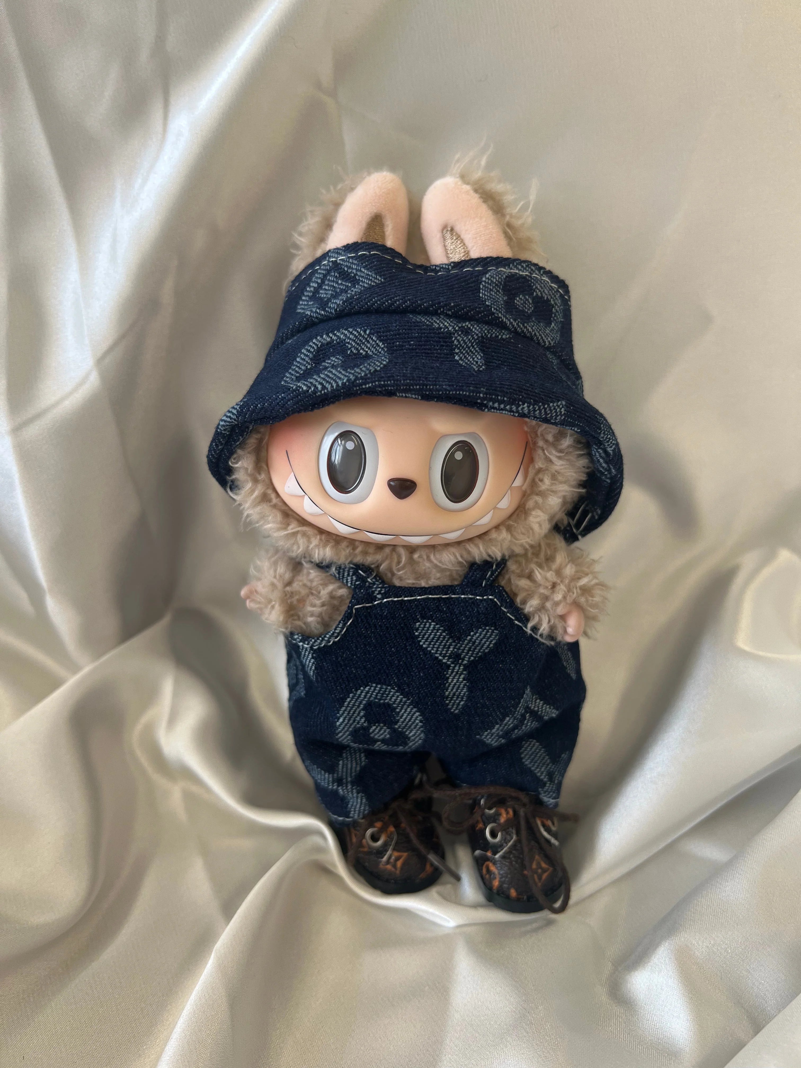 Labubu Navy Monogram Denim Set – Overalls & Fisherman Hat