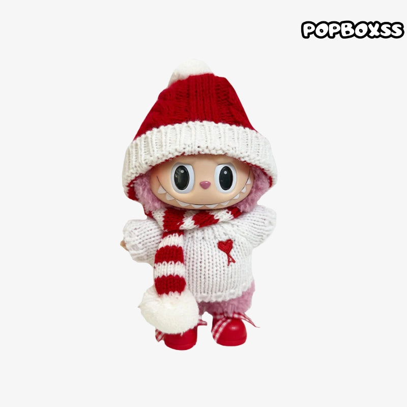 Labubu clothes Christmas Outfit - Red Hat + White Top + Red Scarf + Red Shoes