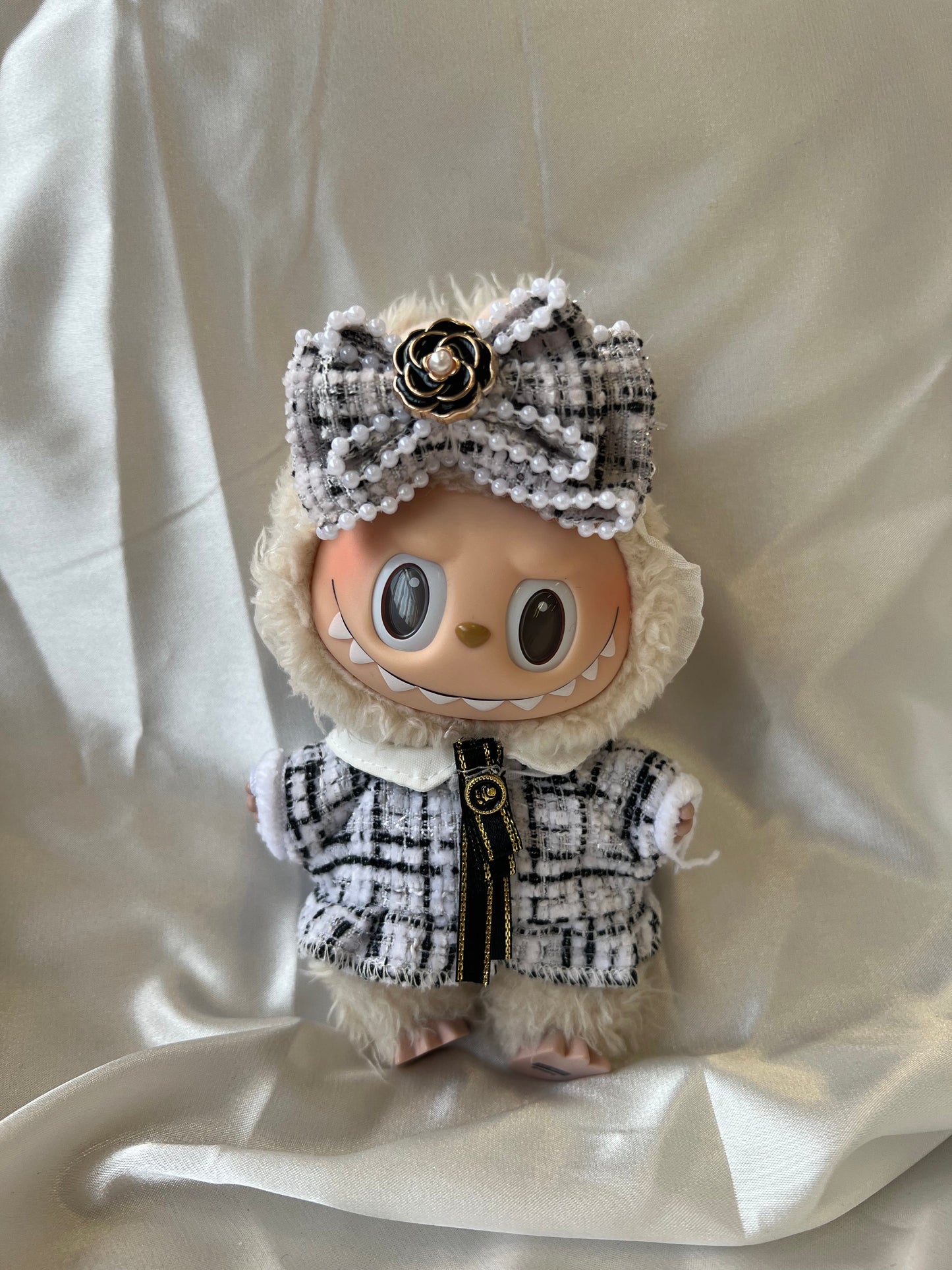 Labubu Designer Tweed Outfit Set - Elegant Black & White with Bow & Brooch