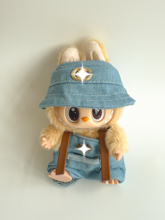 Labubu Gold Star Denim Outfit – Visor & Overalls Set