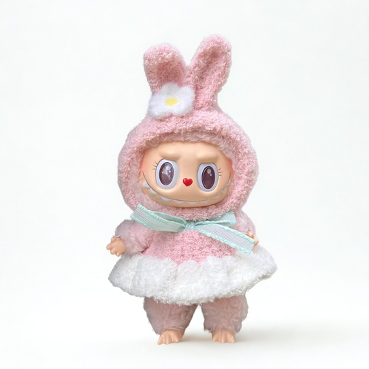 Labubu Bunny Outfit – Flower Ear Hood & Mint Bow Dress