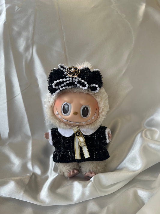 Labubu Tweed Elegance Set - Black Pearl Bow & Gold Brooch Detail