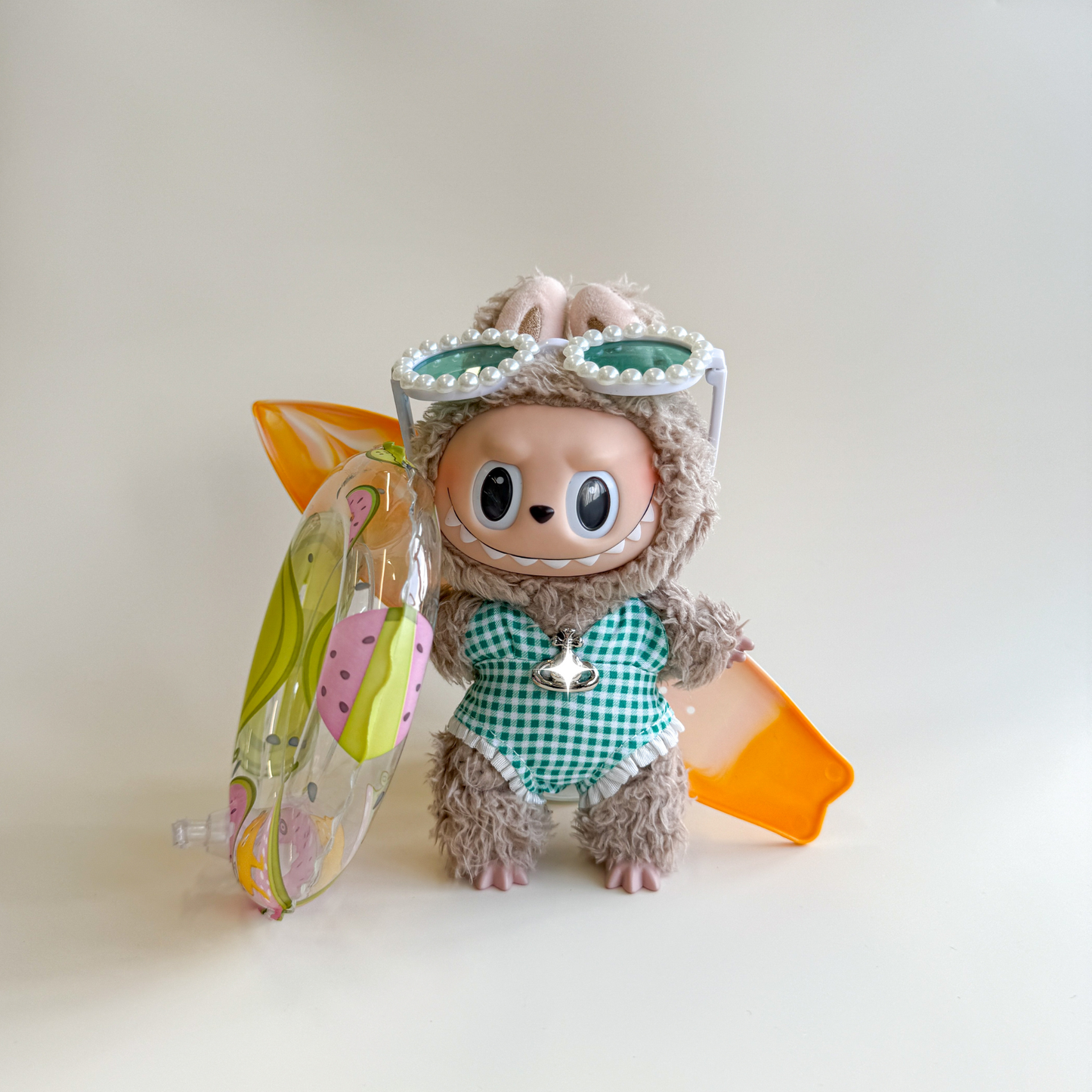 Labubu Green Summer Outfit – Gingham Beach Set (4 Items)