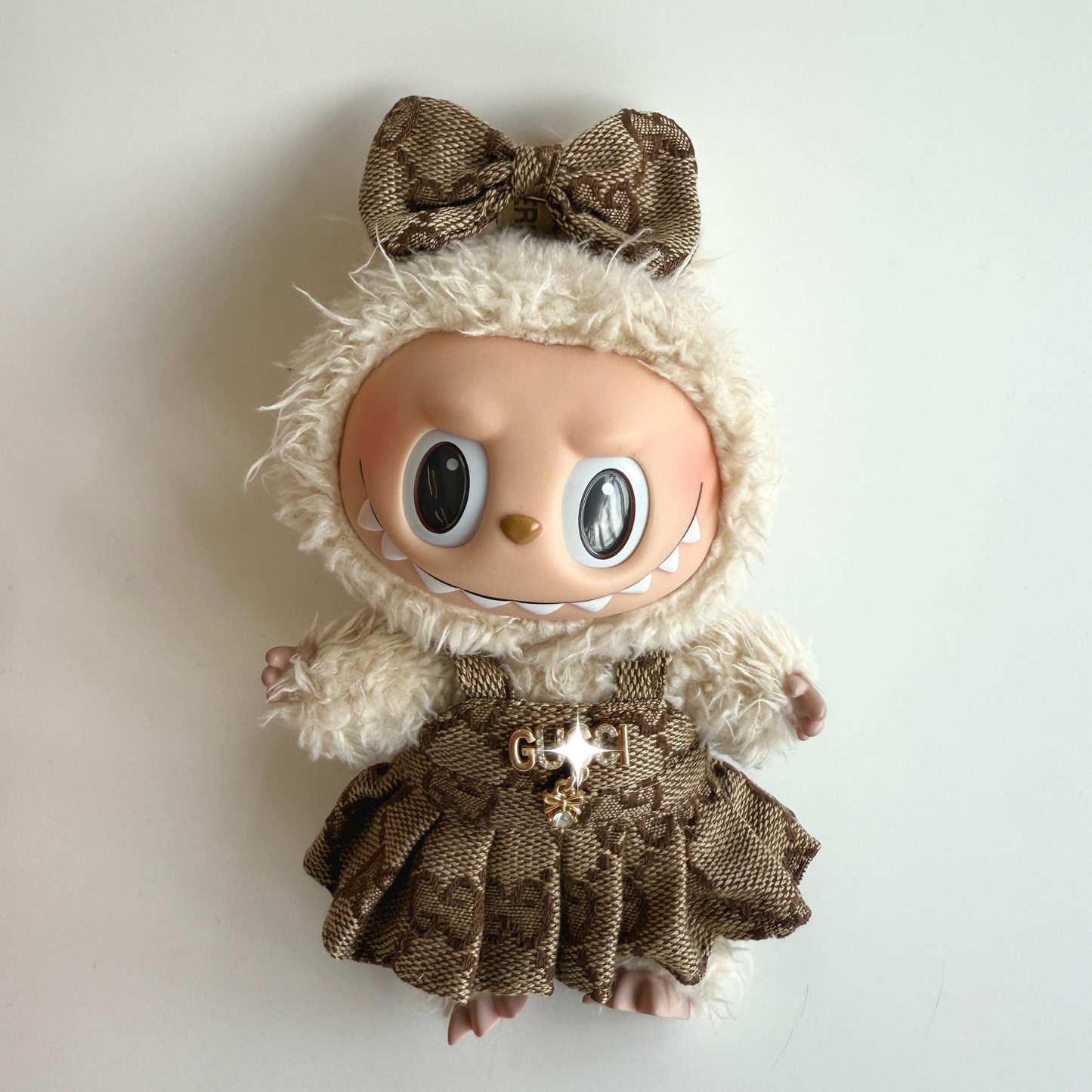 Labubu Brown Monogram Dress Outfit – Bow & Pleated Skirt Set