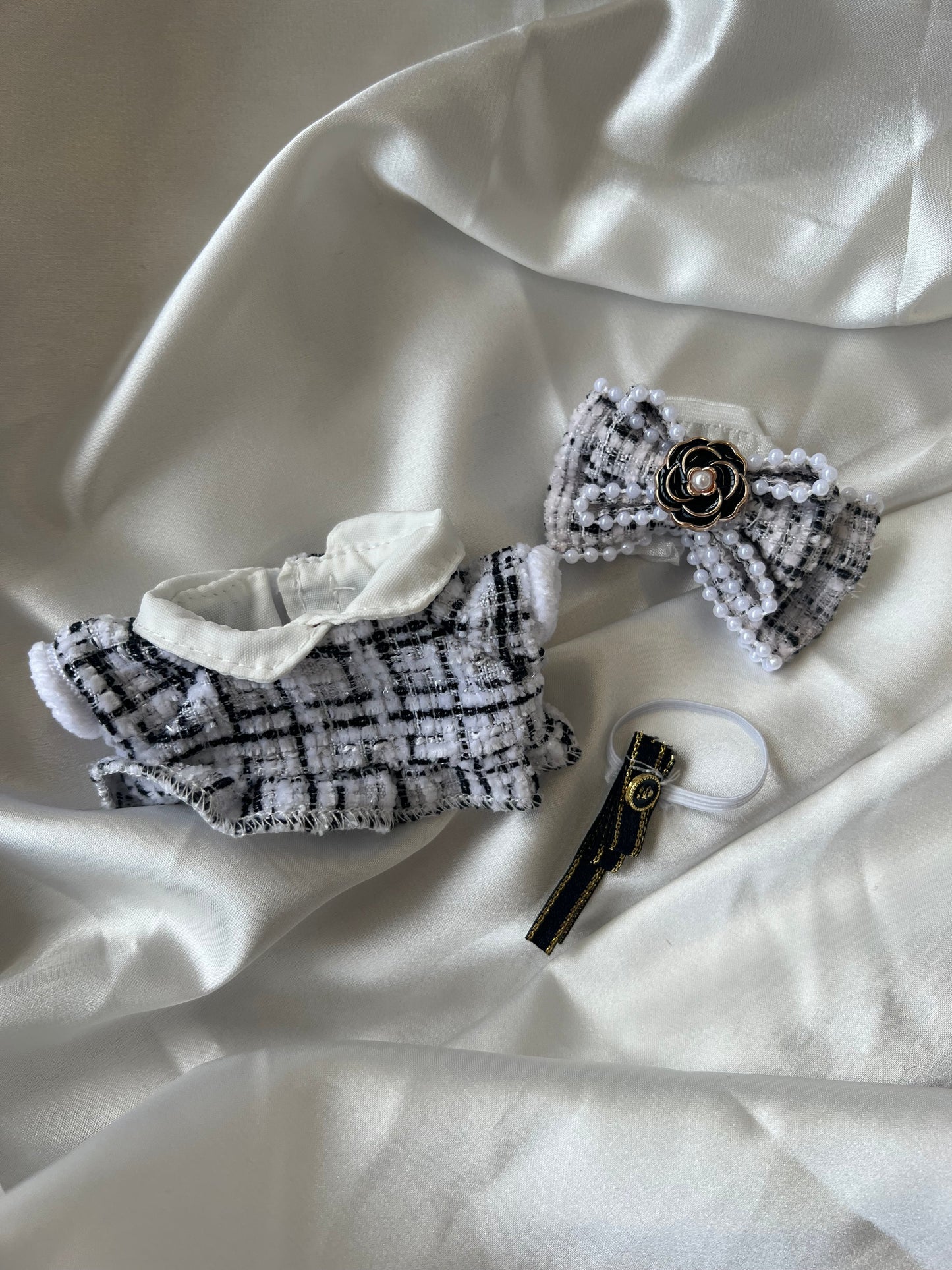 Labubu Designer Tweed Outfit Set - Elegant Black & White with Bow & Brooch