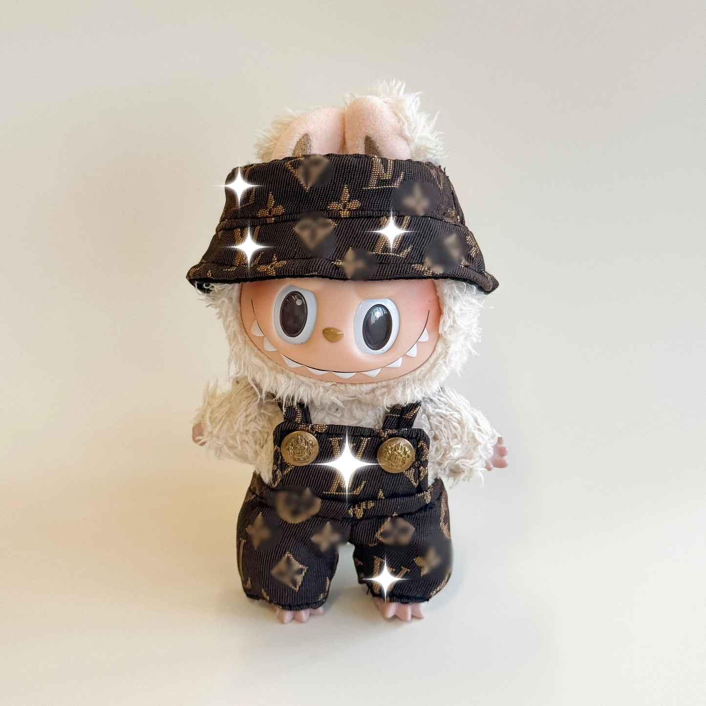 Labubu Dark Monogram Denim Outfit Set – Bucket Hat & Overalls