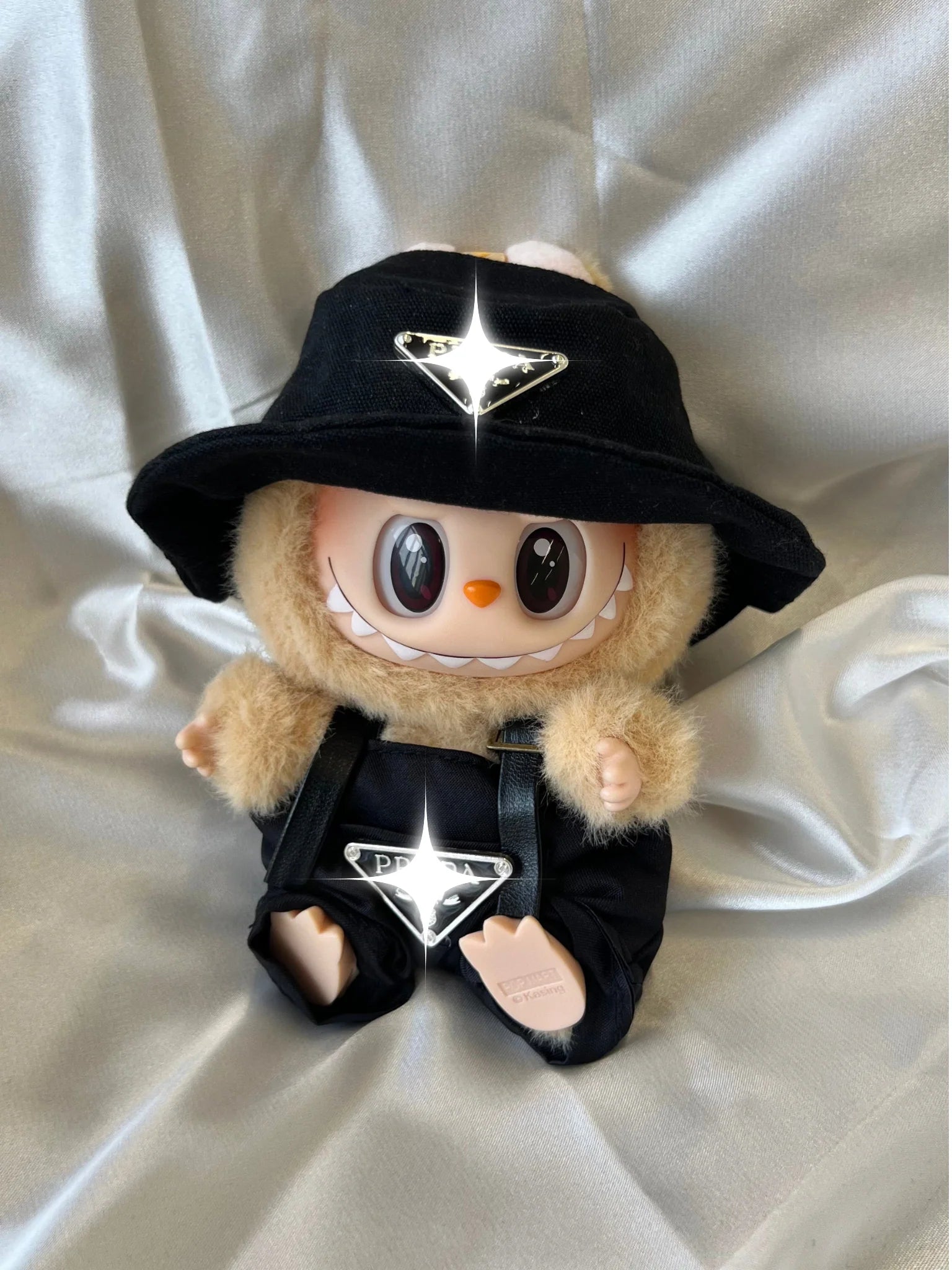 Labubu Black Bucket Hat and Overalls Set