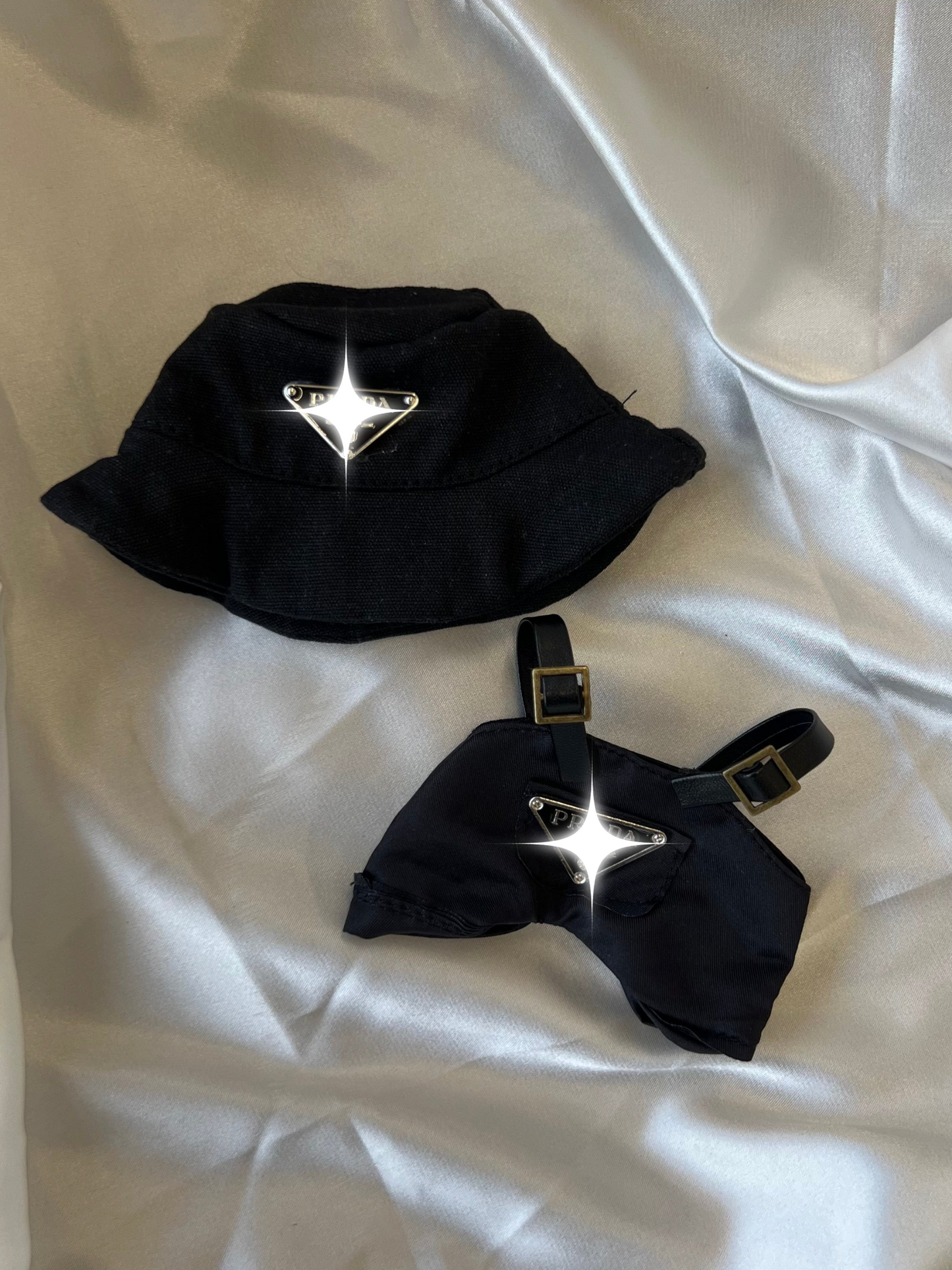 Labubu Black Bucket Hat and Overalls Set