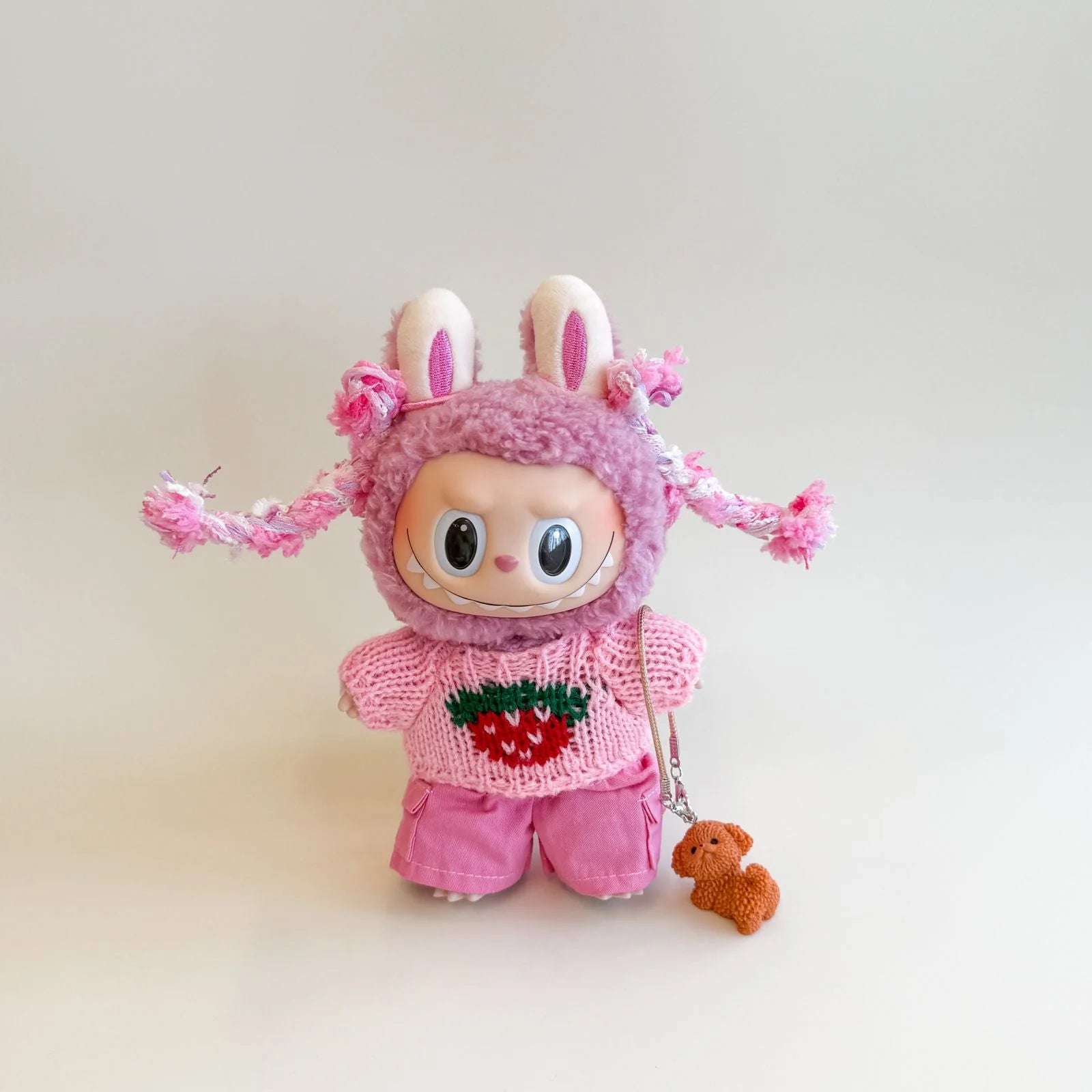 Labubu Strawberry Pink Outfit – Braid Hood Style with Puppy Companion