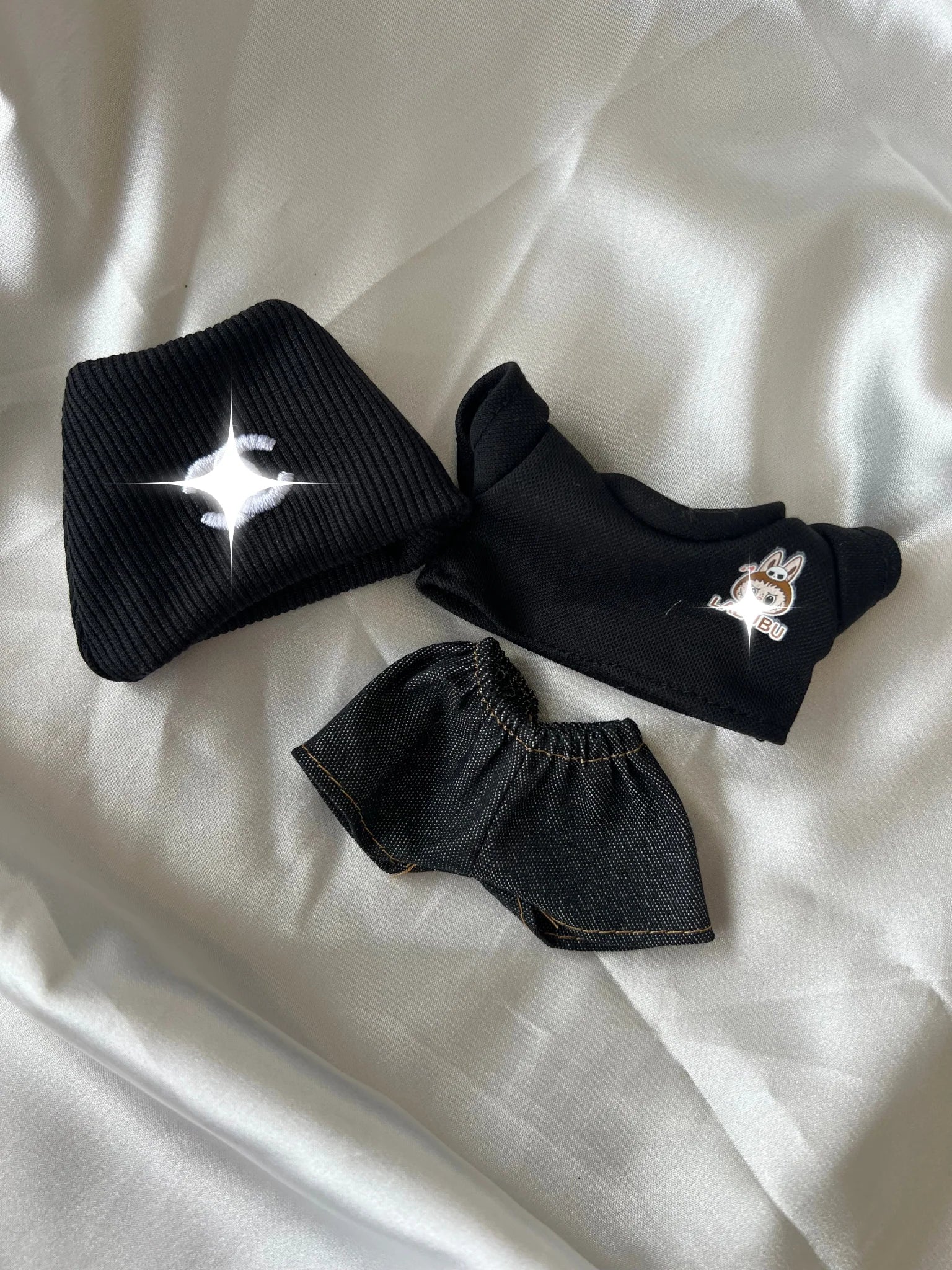 Labubu Streetwear Fashion Set - Black Designer Beanie & Denim Outfit