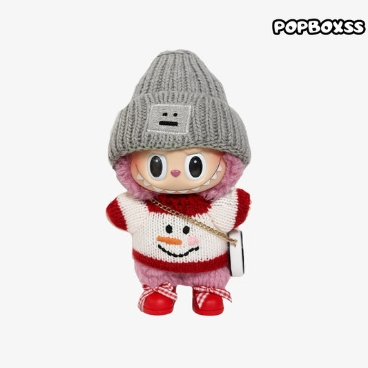 Labubu clothes Christmas Outfit - Grey Hat + Snowman White Top + Red Shoes + Bag