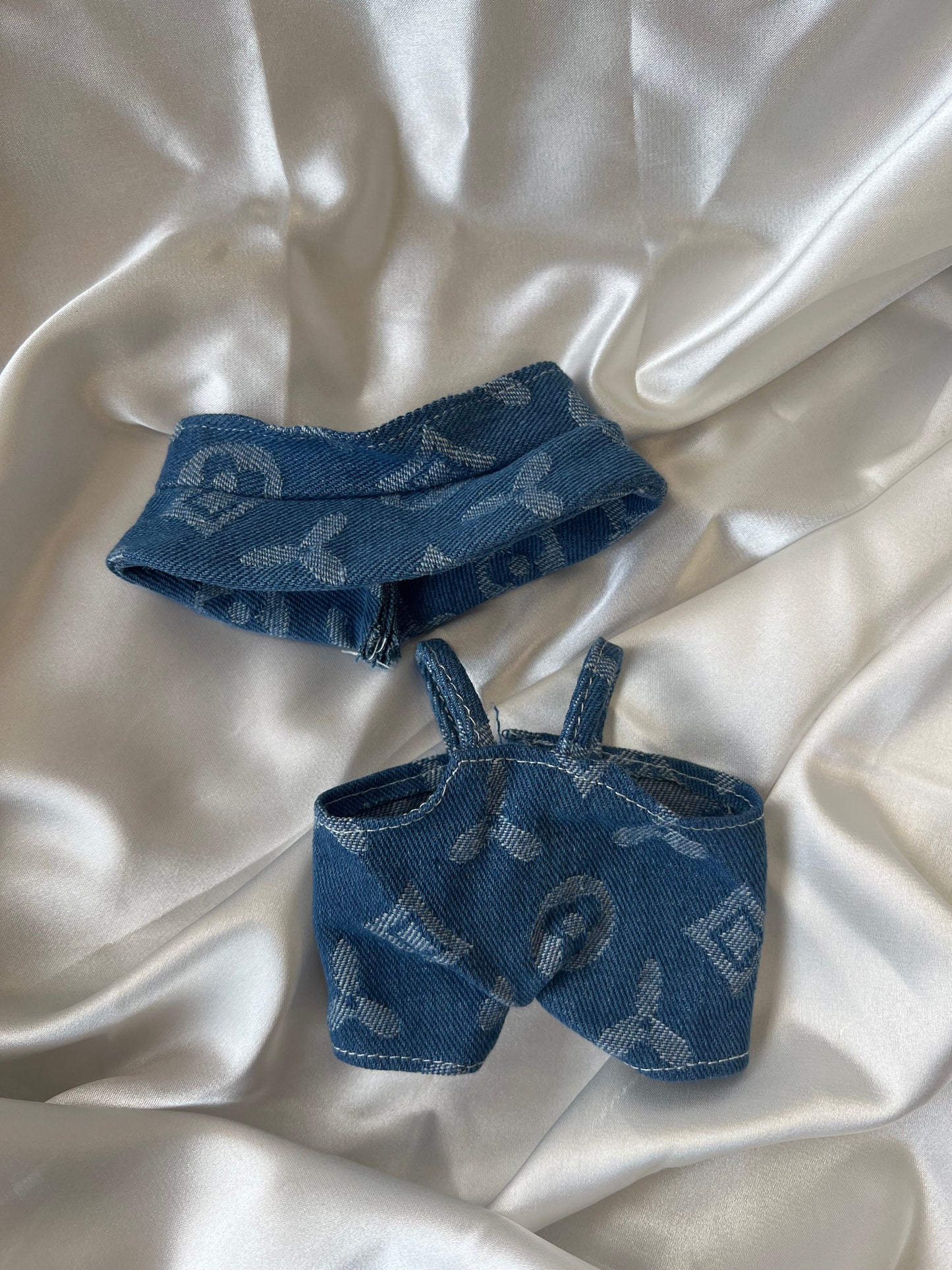 Labubu Blue Denim Monogram Outfit – Overalls & Hat Set