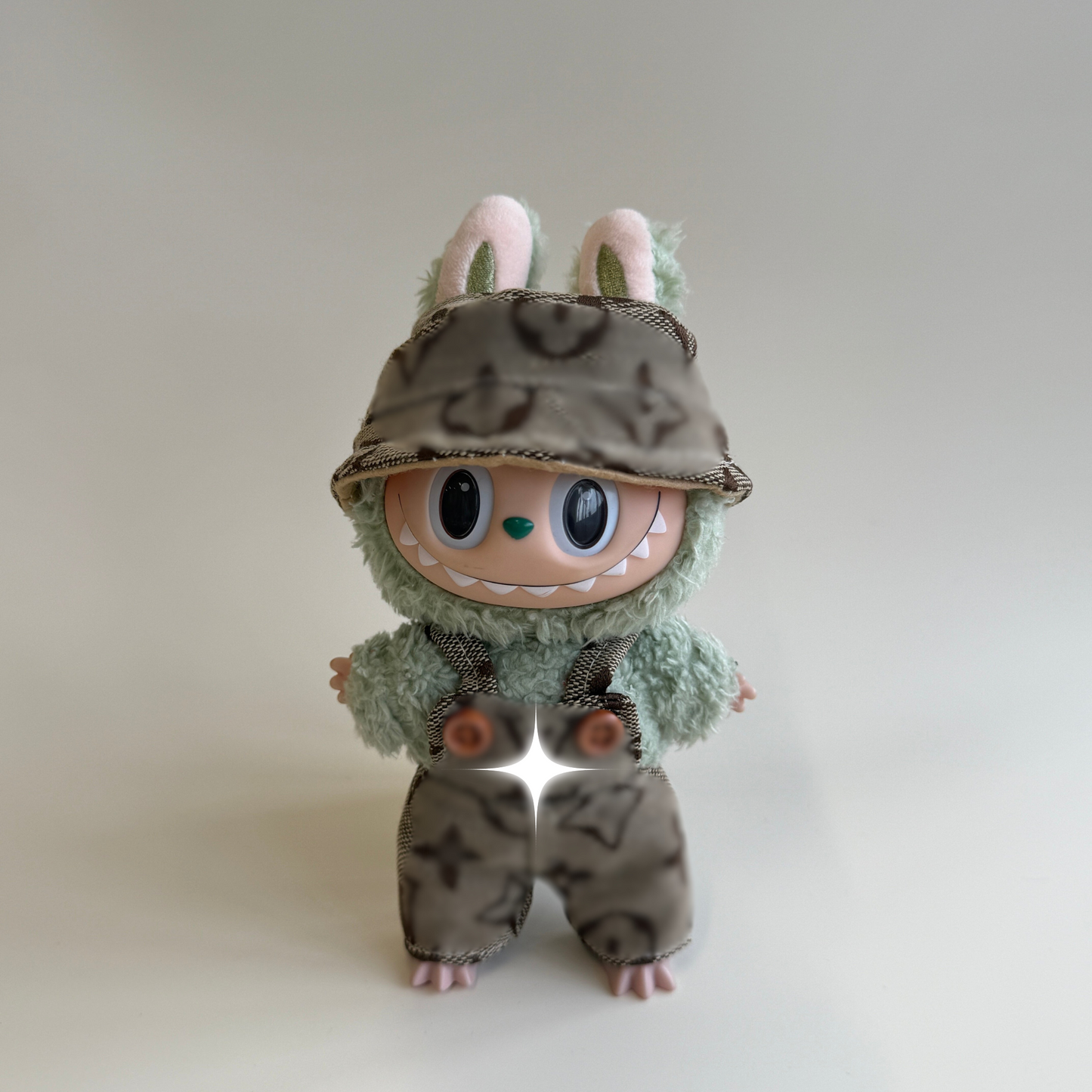 Labubu Light Brown Monogram Denim Set – Bucket Hat & Overalls