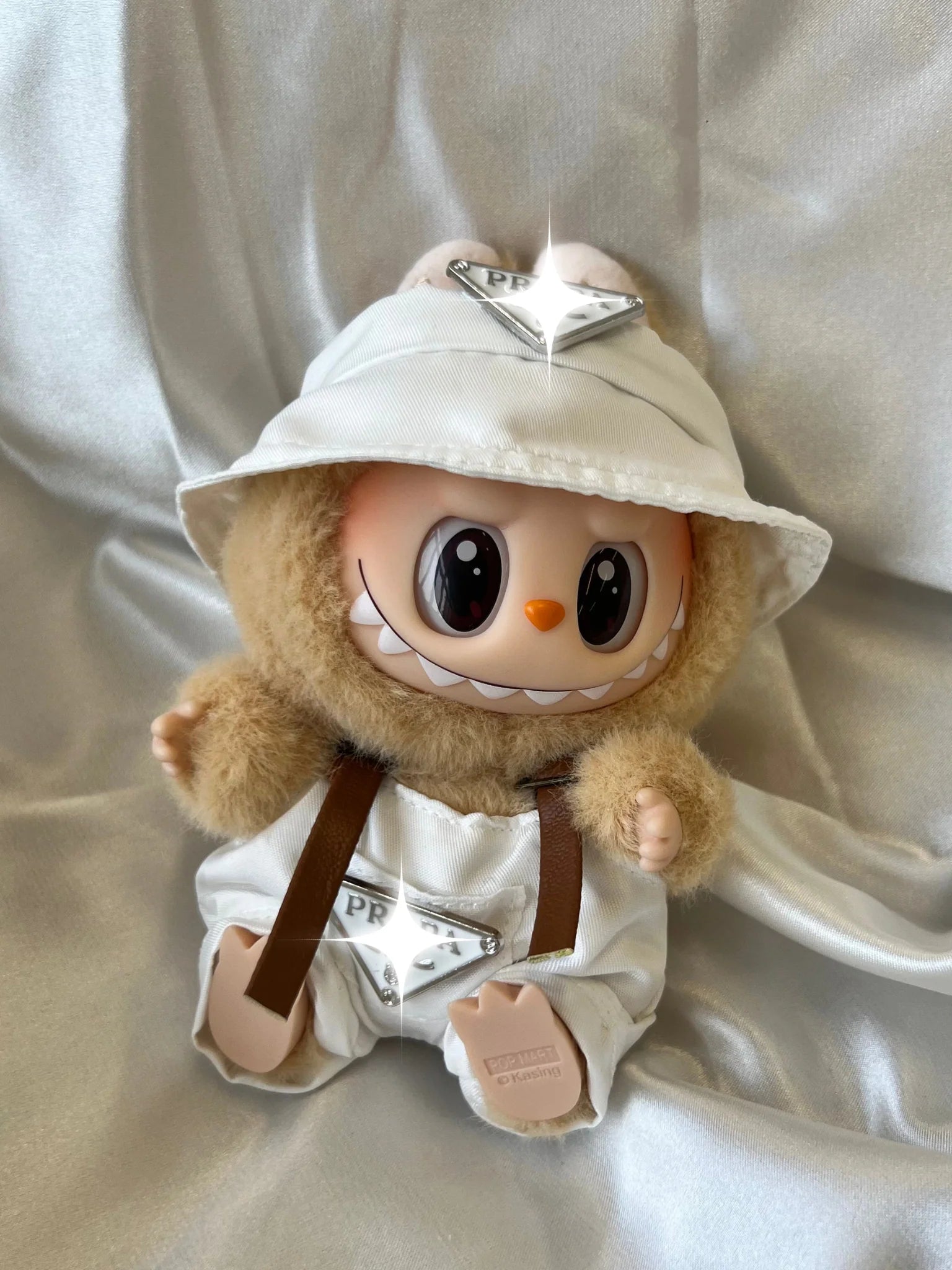 Labubu White Bucket Hat and Overalls Set