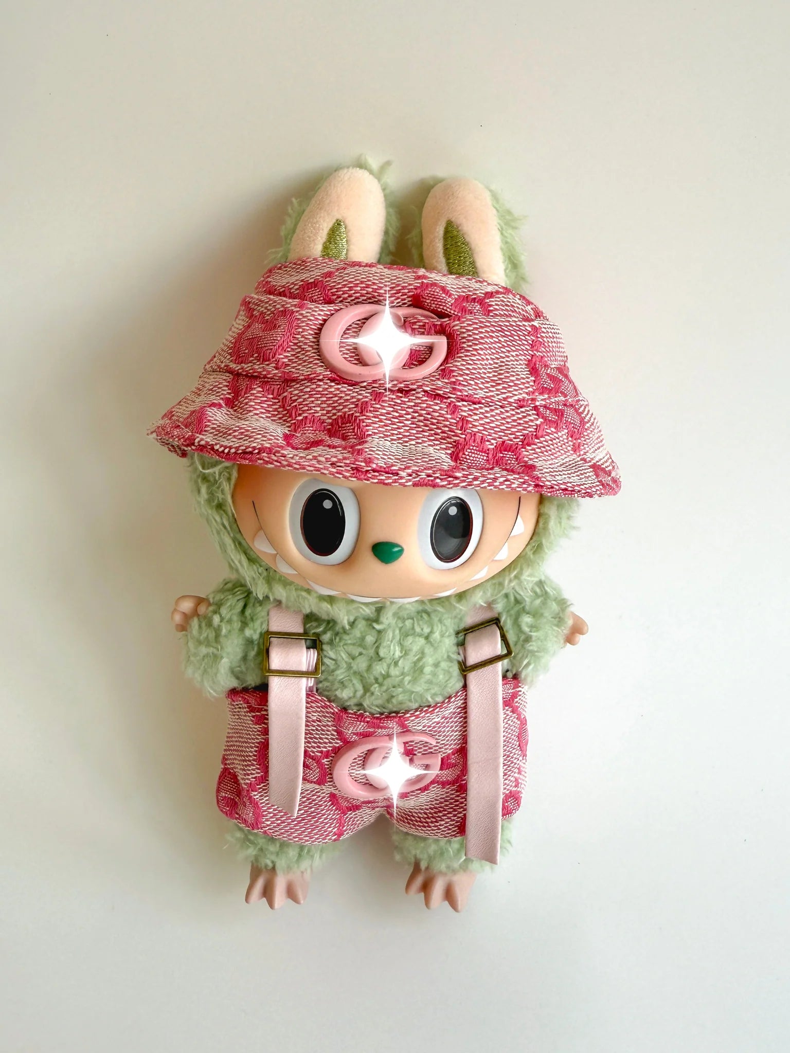 Labubu Pink Monogram Outfit Set – Bucket Hat & Overalls