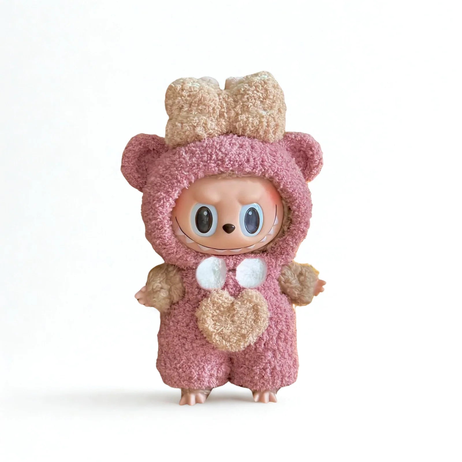 Labubu Pink Bear Plush Outfit – With Heart Patch. Head Bow & Chest Fur Detail