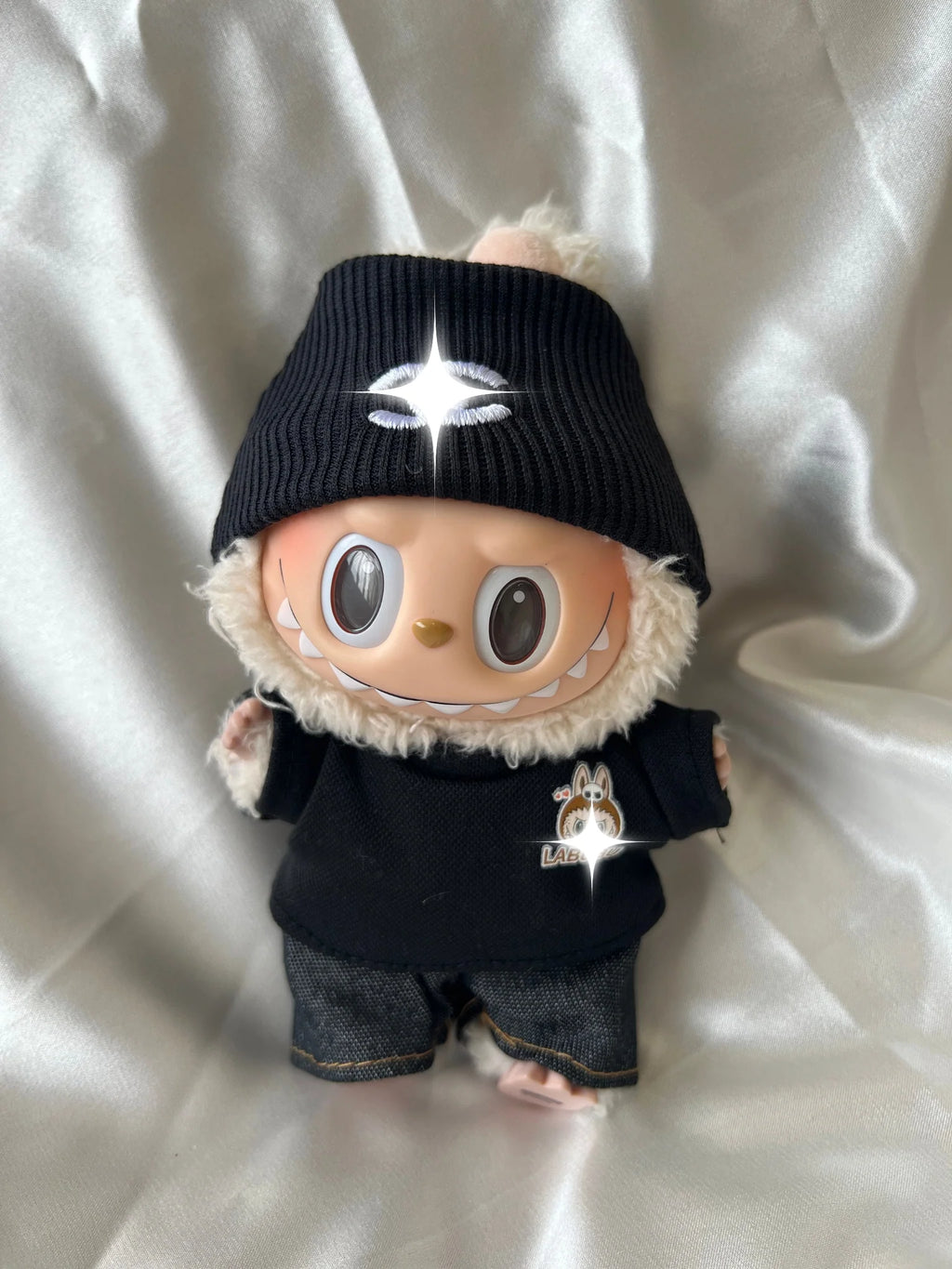 Labubu Streetwear Fashion Set - Black Designer Beanie & Denim Outfit