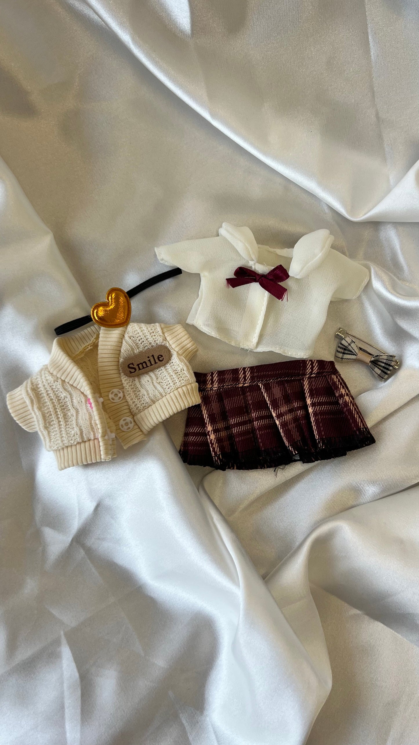 Labubu School Preppy Set - Cream Knit Cardigan & Plaid Skirt with Bow