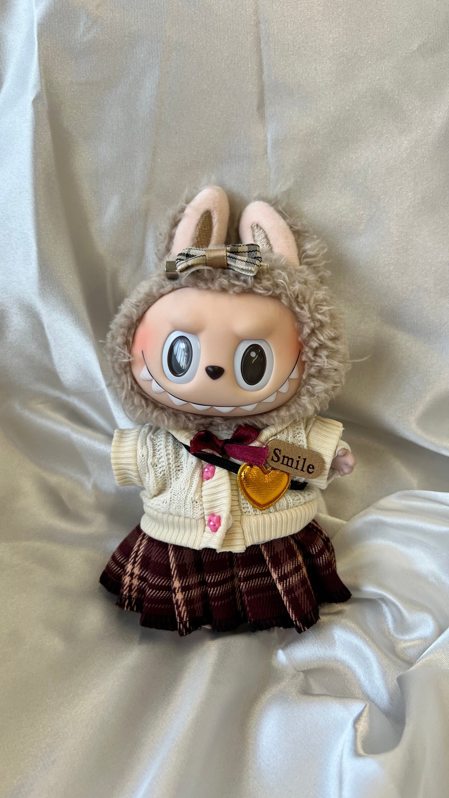 Labubu School Preppy Set - Cream Knit Cardigan & Plaid Skirt with Bow