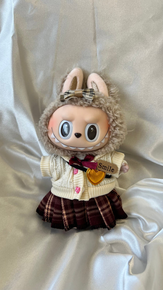 Labubu School Preppy Set - Cream Knit Cardigan & Plaid Skirt with Bow