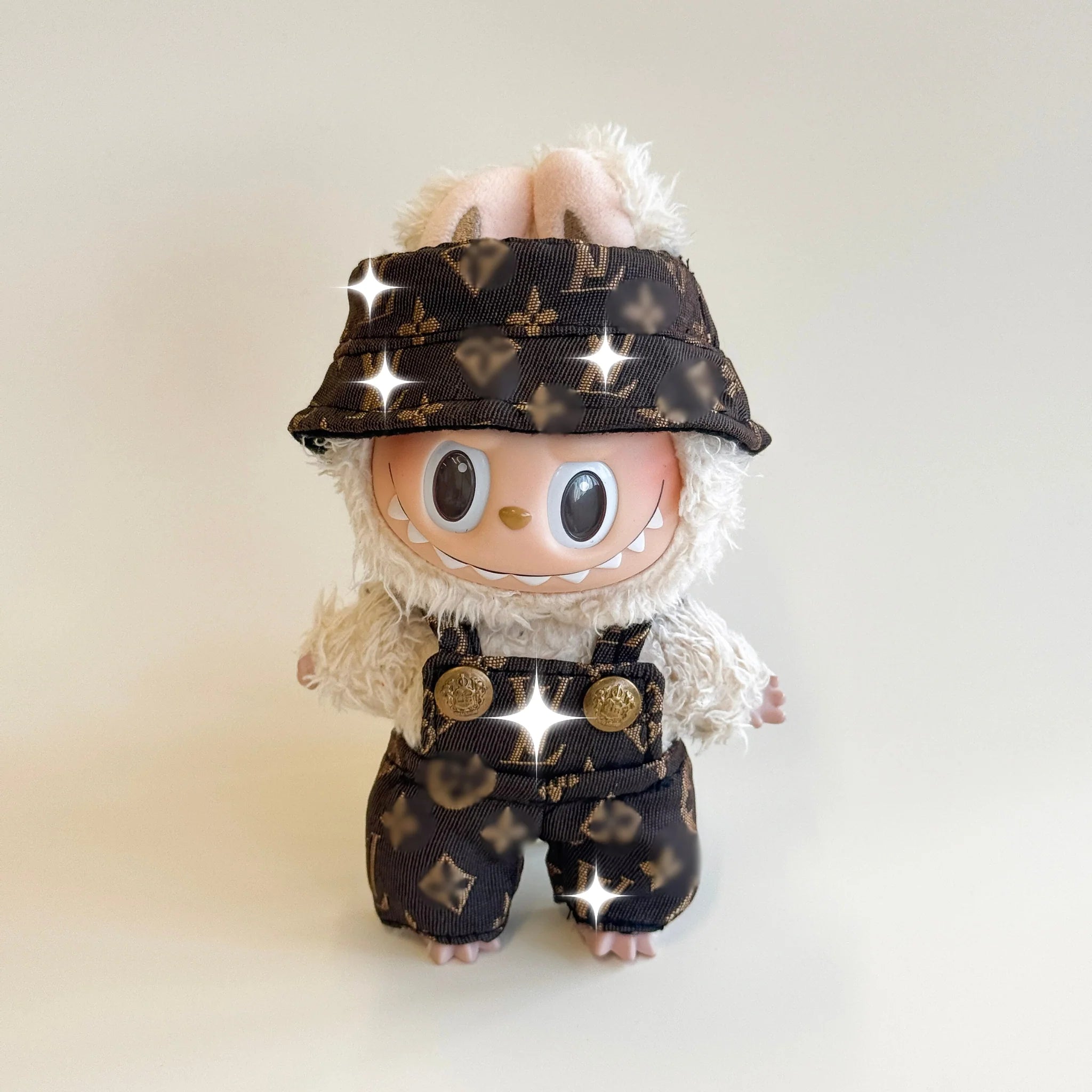 Labubu Dark Monogram Denim Outfit Set – Bucket Hat & Overalls