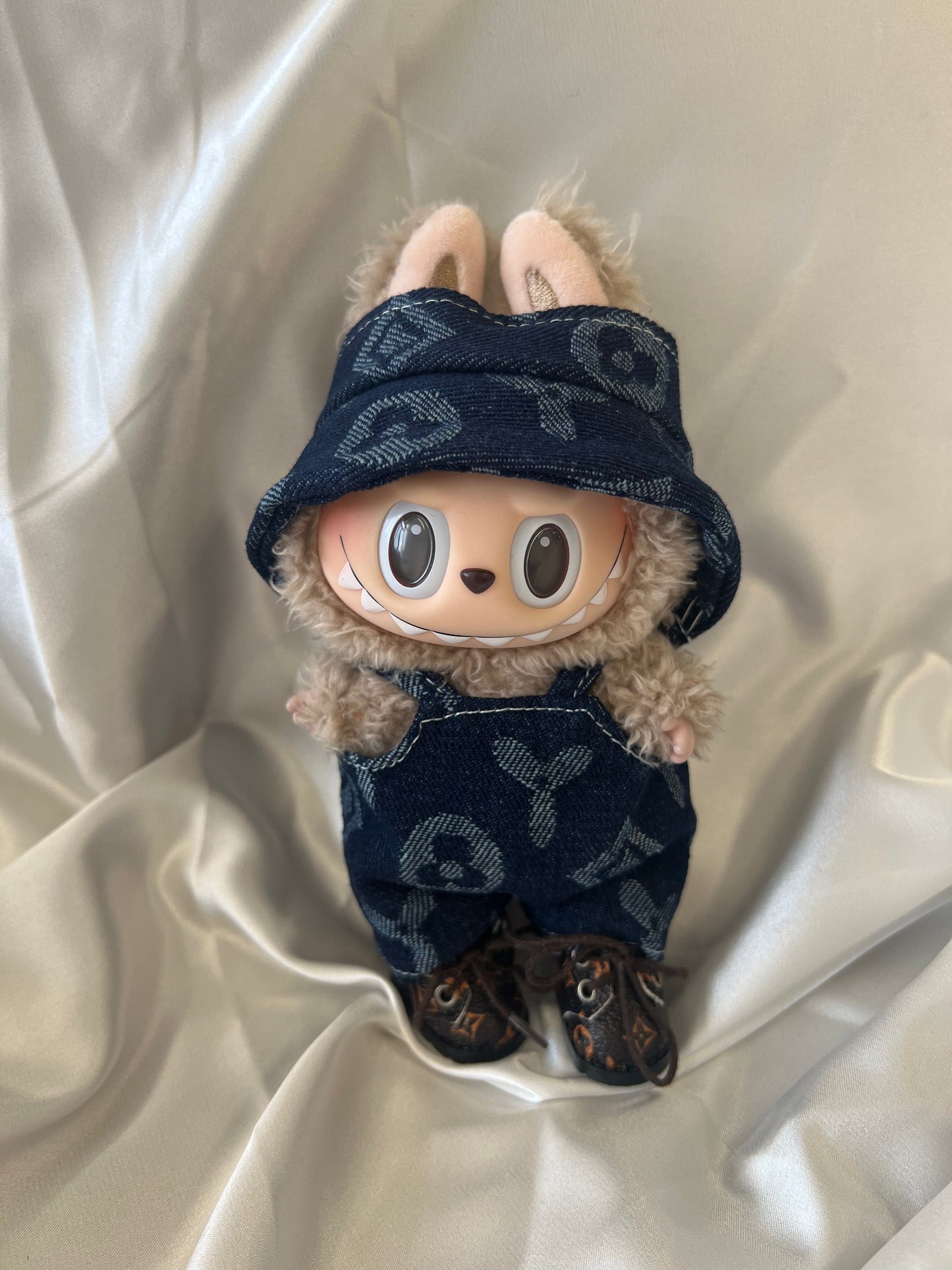 Labubu Navy Monogram Denim Set – Overalls & Fisherman Hat