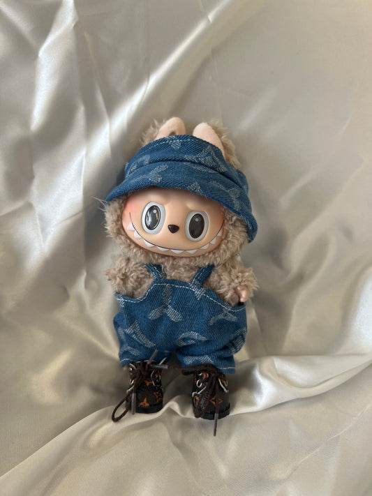 Labubu Blue Denim Monogram Outfit – Overalls & Hat Set