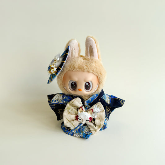 Labubu Kimono Set – Blue Crane Pattern with Fox Mask Bow