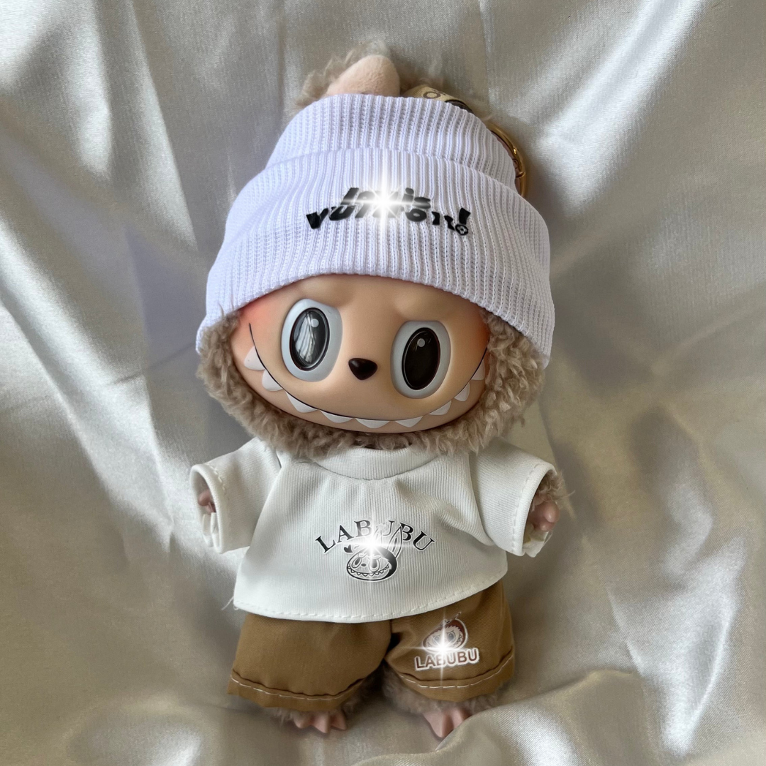 Labubu White Beanie and Khaki Shorts Set