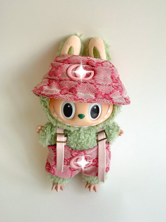 Labubu Pink Monogram Outfit Set – Bucket Hat & Overalls