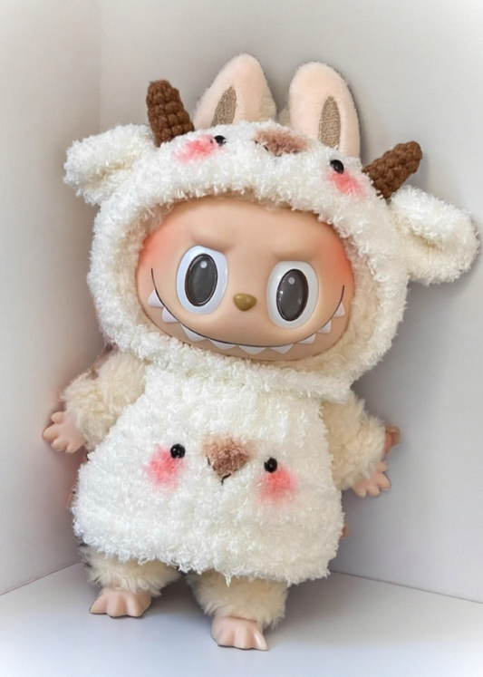 Labubu Fluffy Goat Costume Set - Cream White Onesie with Horns