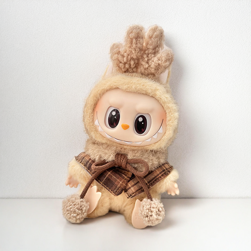 Labubu Cozy Reindeer Costume Set - Beige Plush & Plaid Scarf Character Costume