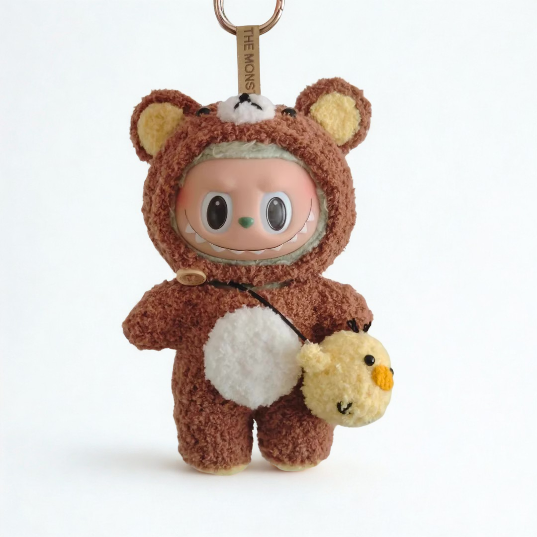 Labubu Bear Plush Outfit – Brown & White with Chick Bag