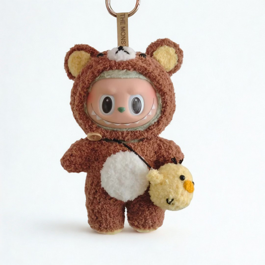 Labubu Bear Plush Outfit – Brown & White with Chick Bag