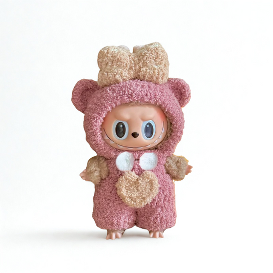 Labubu Pink Bear Plush Outfit – With Heart Patch. Head Bow & Chest Fur Detail